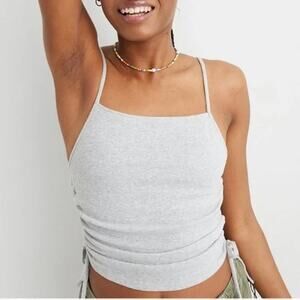 Aerie Square Neck Ribbed Side Ruched Tie Cropped Tank Top Cami White XS